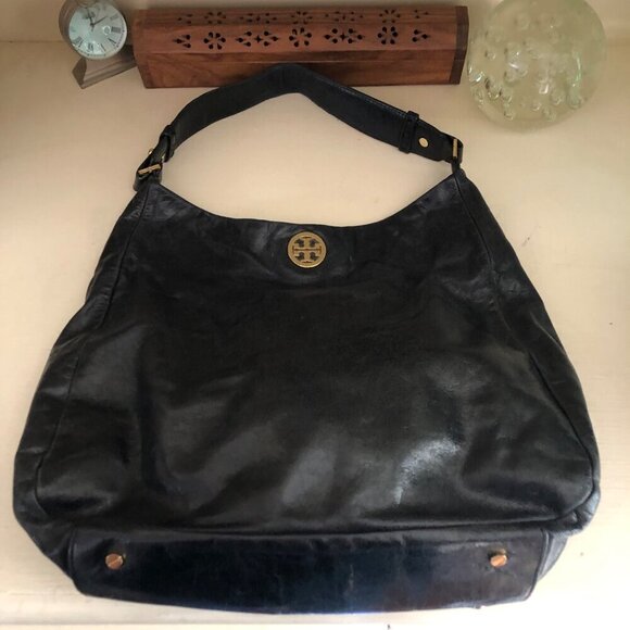 TORY BURCH Hobo Glaze Distressed Soft Black Leather Shoulder Handbag - Picture 6 of 13